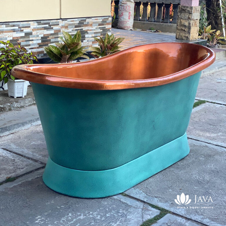 Elegant copper soaking tub with hammered texture