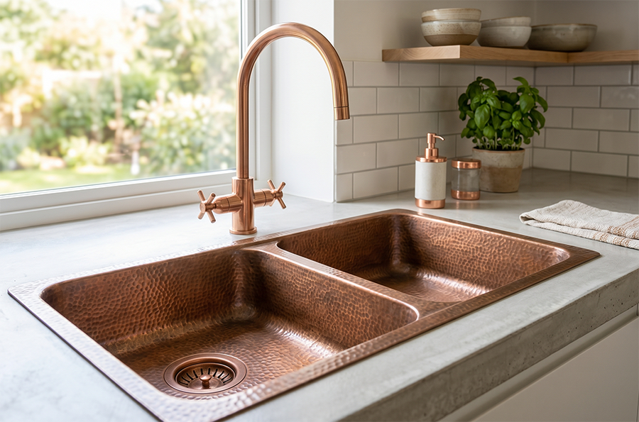Double bowl copper kitchen sink with elegant detailing