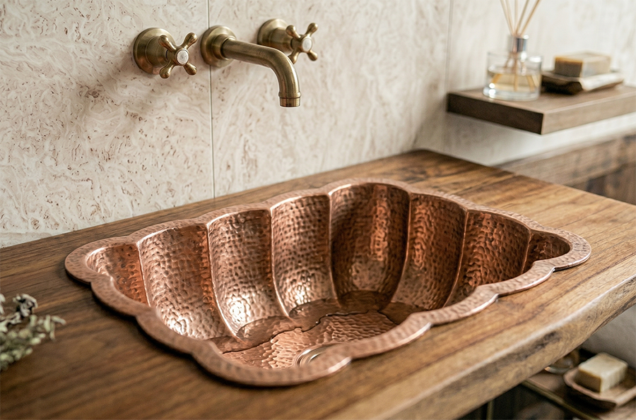 Handcrafted copper kitchen sink with hammered finish in a modern kitchen