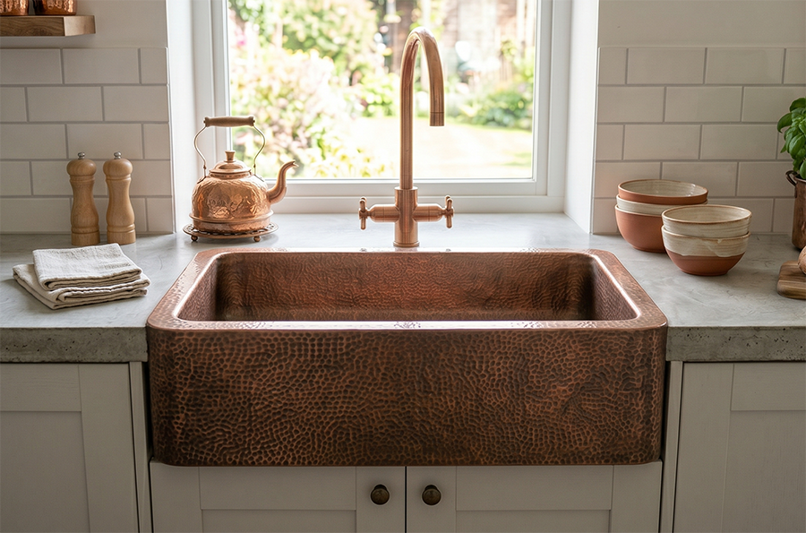 Handmade copper farmhouse sink with warm ambient lighting