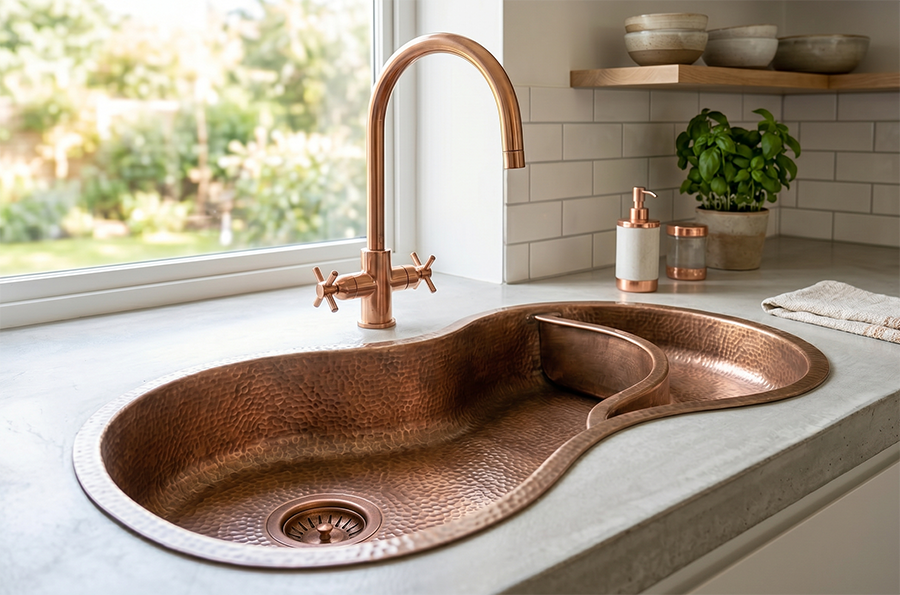 Premium undermount copper kitchen sink with unique shape